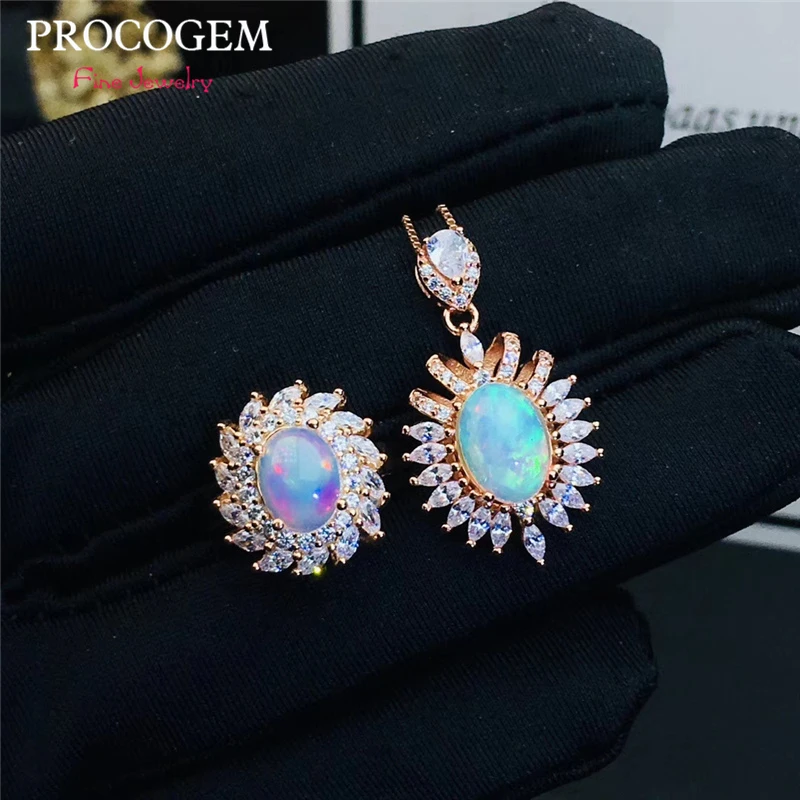 Procogem натуральный комплект ювелирных украшений с опалом для цепочка для вечеринки кольца многоцветные Искрящиеся драгоценные камни серебро 925 пробы#700