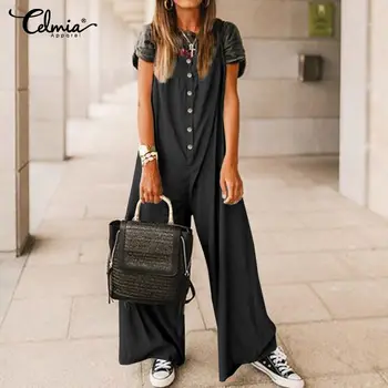 

Celmia Women's Long Jumpsuits Summer Sleeveless Vintage Stylish Casual Buttons Solid Playsuits Loose Wide Leg Pants Plus Size