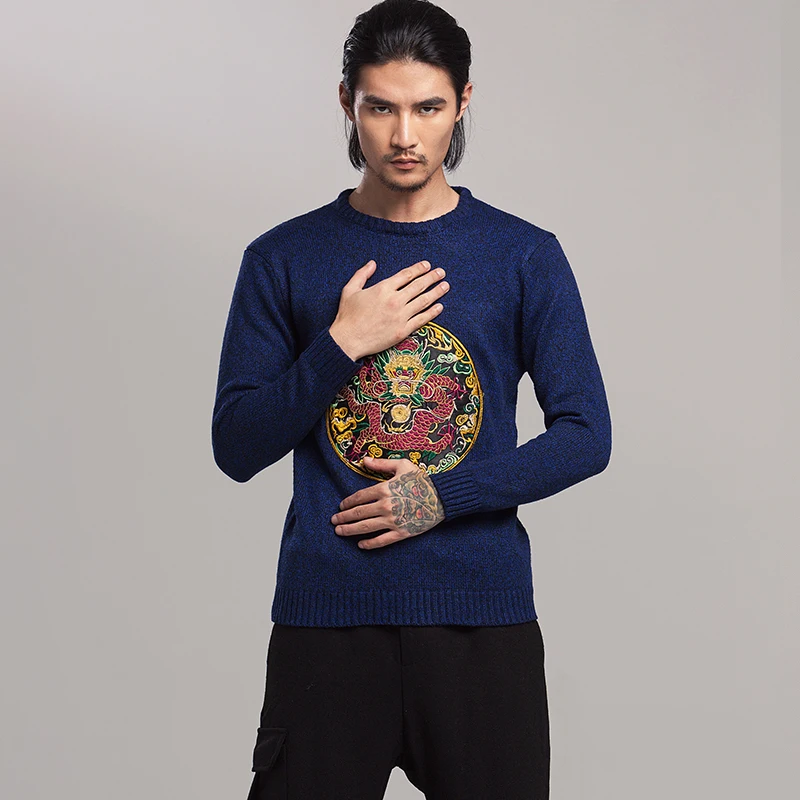 Chinese Dragon 2019 Style Fashion Men Sweater Streetwear Casual Clothes Knitted Pullovers For Autumn Winter