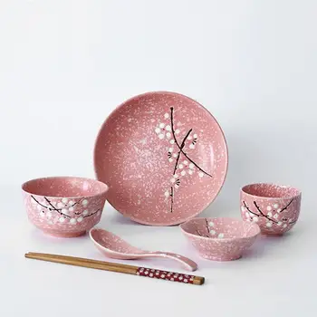 

Japanese Style Ceramic Tableware Set Household Cutlery Creative Ceramic Dinnerware Set (Pink) China Dinner Set