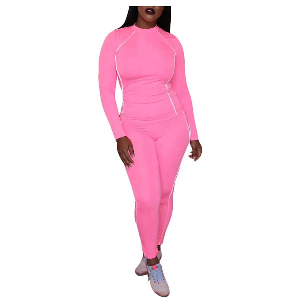 Женская мода o-образным вырезом с длинным рукавом рубашка Высокая талия карандаш брюки костюм 2 шт сплошной цвет спортивный бег спортивный костюм для женщин