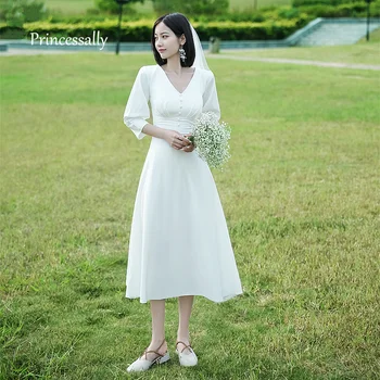 

New Simple Wedding Dress Satin Tea Length V neck Engagement Reception Formal Bride Gown For Country Wedding Gowns Trouwjurk