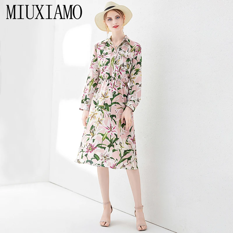 

MIUXIMAO Top Quality 2019 Early Autumn Dress Lily Ptint Long Sleeve Lily Button Eleghant Casual Dress Vestido with Pocket