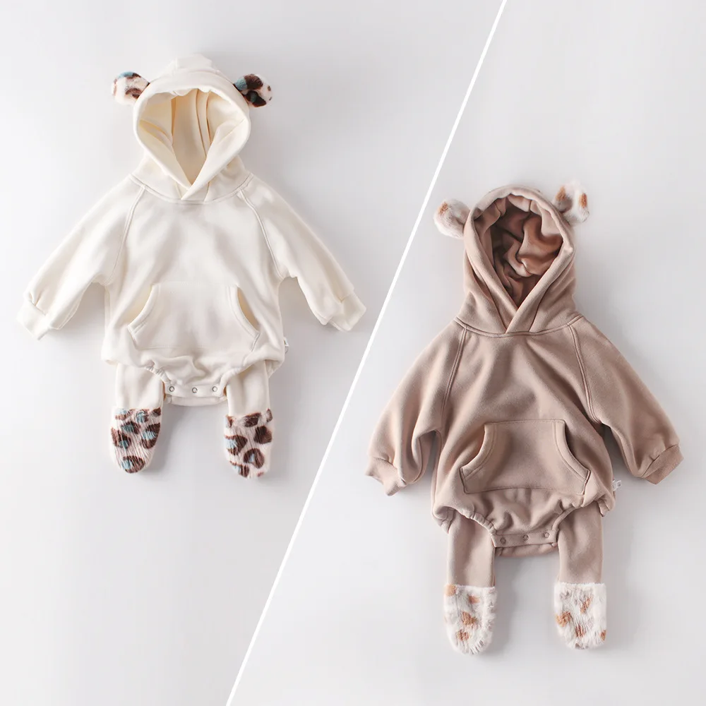 Зимний Детский комбинезон с плюшевой подкладкой, комбинезон для младенцев мальчиков девочек с капюшоном и рисунком медведя, детская зимняя одежда, комбинезон с длинными рукавами для младенцев