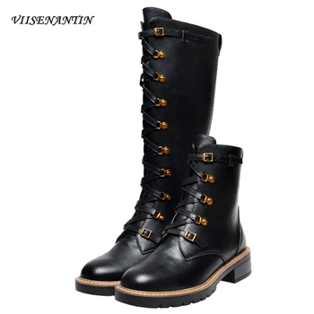 

New Genuine Leather British Style High-top Knight Boots Thick Heel Round Toe Mid-calf Motorcycle Boots Lace-up Black Shoes Women