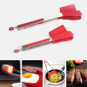 

Non-Stick Heat Resistant Stainless Steel Frame Silicone Tongs Kitchen Tools Gadget 2 in 1 Smart Kitchen Spatula and Tongs