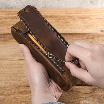 

Universal Pencil Storage Case Crazy Horse Cowhide Leather Pen Pouch Double Zipper Large Capacity Retro Storage Pen Bag