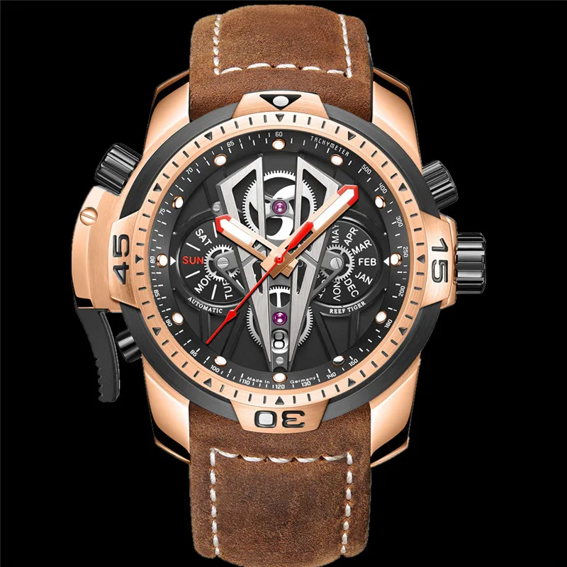 REEF TIGER/RT Новинка все черные роскошные брендовые водонепроницаемые наручные часы