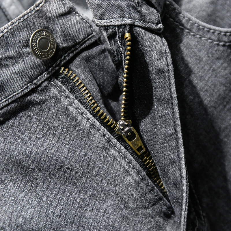 50% OFF Casual Mens jeans Cotton Slim Fit Grey Ankle-length Pant Streetwear Mens Ripped Holel Stretchy Ripped Skinny Jeans Trousers