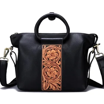 

Vintage Designer Zipper Closure Women's Engraved Handbag Genuine Cow Leather Lady Carved Flower Purse Female Single Shoulder Bag