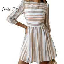 Модное винтажное платье для женщин, английский стиль, круглый вырез, ТРАПЕЦИЕВИДНОЕ мини-платье, цветные полосатые вечерние платья, половина рукава, лето, M0514