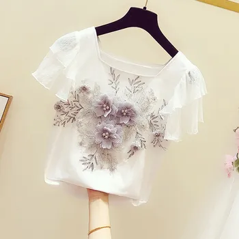 

2020 Spring Summer Sweet Beaded Flower Embroidered Square Neck Ruffle Sleeve T-shirt Women's Casual Tshirt T Shirts Girls Tee