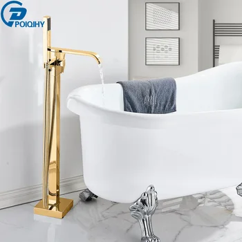 

Gold Floor Mount Bathtub Shower Faucet Brass Free Standing Bath Spout Faucet Set Bathroom Crane Hot Cold Clawfoot Tub Mixer Tap