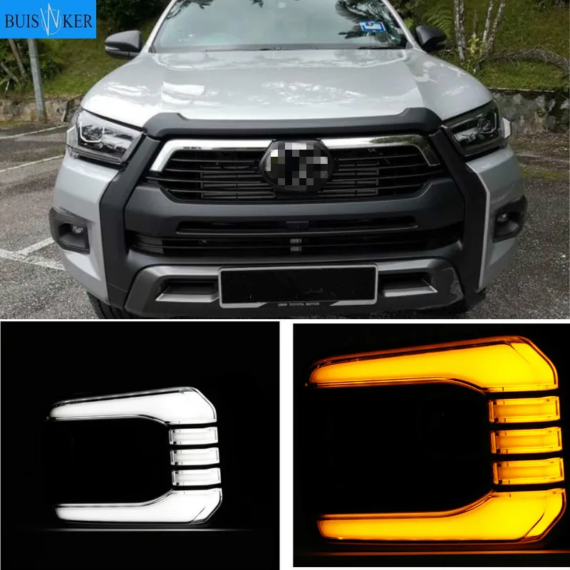 

1 пара для Toyota Hilux Revo порно фильмы 2020 2021 Автомобильный светодиодный дневной светильник отложным воротником желтый сигнал реле 12V DRL Дневной светильник