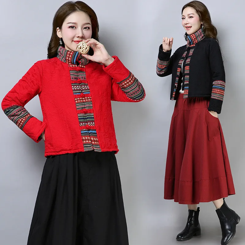 

2018 Winter New Style Ethnic-Style WOMEN'S Dress Thick Jacquard Cotton Linen Embroidery Frog Warm Cotton Coat Cotton-padded Clot