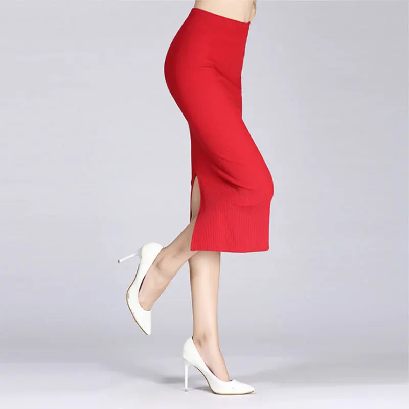 

Autumn Winter Women Pencil Skirt High Waist Cotton Solid Color Stretch Elastic Slim Business OL Split Bodycon Skirts XIN-Shippin