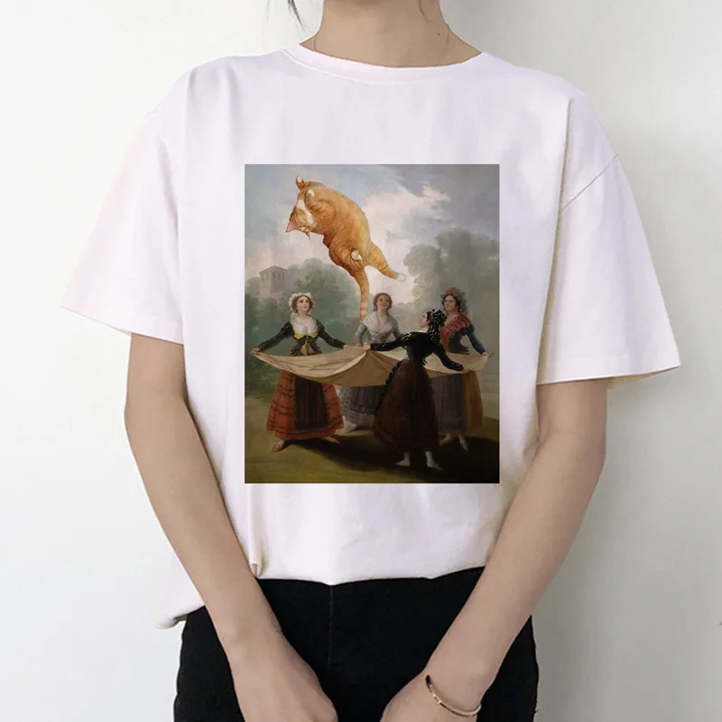 Забавная женская футболка с котом,, микеланжело, Корейская, Kawaii, Ulzzang, футболка, женская, графическая, короткий рукав, принт, футболка с круглым вырезом, модная