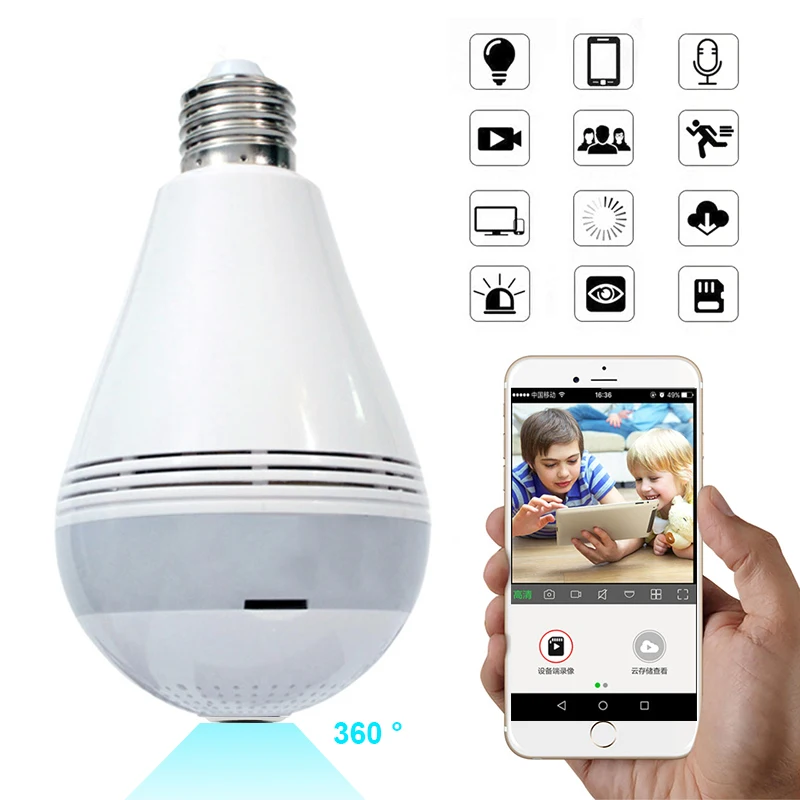Smart LED Bulb 960P Fisheye HD IP Camera WiFi Light Lamp Bulb Panoramic Camera 