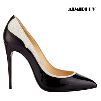 

Pointed Toe High Heels Stilettos Glitter Patent Leather Patchwork Women Shoes Black White Pumps Lady Wedding Party Dress Slip On