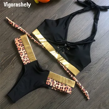 

Vigorshely Golden Leopard Swimwear Women Sexy Halter Bikini 2020 Thong Swimsuit Female Push Up Bikini Set Bathing Suit Swim Wear