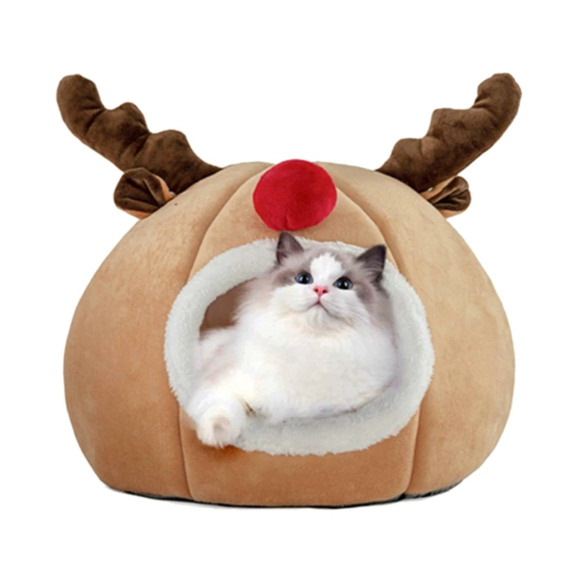 

Christmas Elk Antlers Three-dimensional Tent Cat Litter Plush Pet Sleeping Bed Warm Winter Cat Nest Mat Washable Kennel