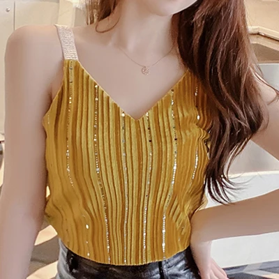 yellow Shintimes, женские топы, сексуальный топ, модный, v-образный вырез, блестки, золото, бархат, Осень-зима, камзол, женская одежда, Debardeur Femme - Цвет: yellow