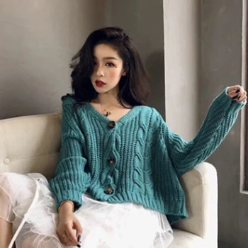 

2020 Autumn Winter Loose Sweater Vintage Twist Single-breasted Cardigans Sweater Casual Women Short Bat Sleeve Knit Coat Outwear