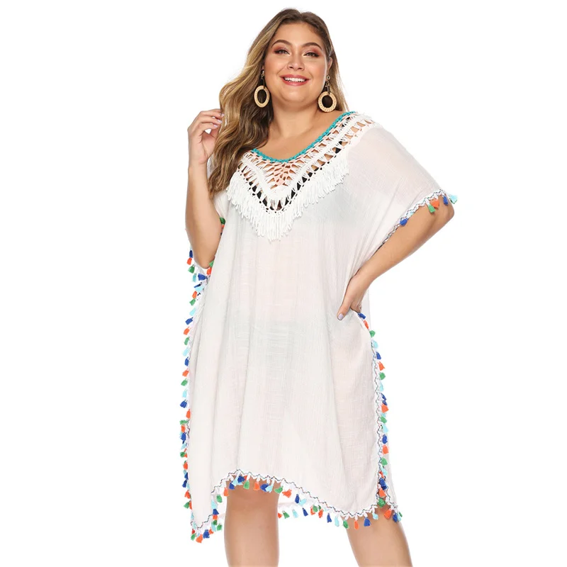 2021 Summer Women's Irregular Hand Hook Stitching Color Tassel Deep V Sexy Loose Bikini Beach Cover Up Backless Dress