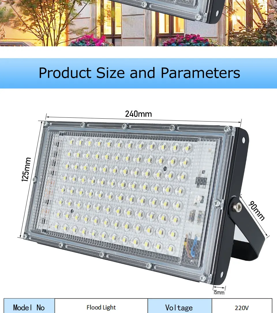 20w led floodlight 50W 100W LED Floodlight with EU Plug 220V outdoor Spotlight IP65 Waterproof Street Wall Lamp Landscape Garden Square Floodlights security lights