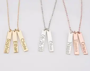 

Personalized Vertical Bar Necklace, Baby Name Necklace for Mom, Vertical Coordinates Necklace, Monogram Vertical Bar Necklace