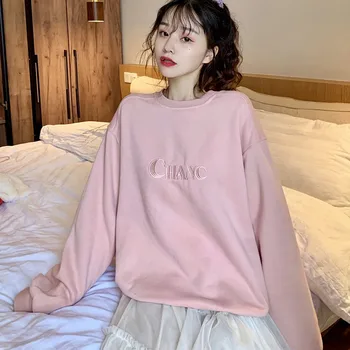 

Women Hoodies Sweatshirts Winter Embroidery Plus Size Sweatshirt O-neck Long Sleeve Thick Letter Solid Color Top