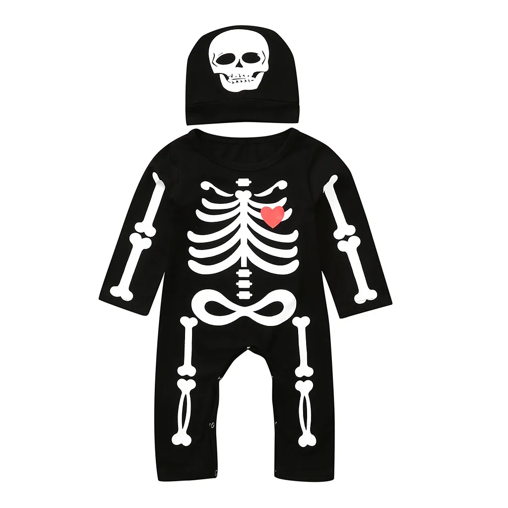 Halloween Bone Print Romper Jumpsuit+Hat Set Outfits Newborn Baby Boys Girls Toddler Halloween costume Lively Kombinezon Dziecko