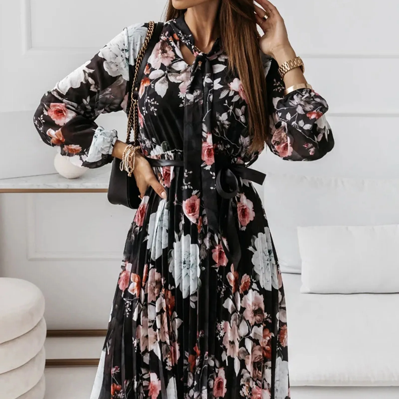 Chiffon Long Sleeve Floral Print Dress Ladies 2021 Autumn Casual V Neck Pleated Office Dresses For Women Robe Femme Vestido 2