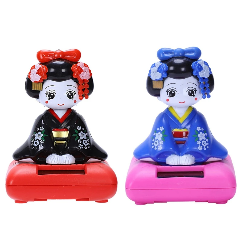 

2Pcs Solar Powered Bobblehead Toy Figure, Japanese Kimono Maiko Geisha - Blue & Black