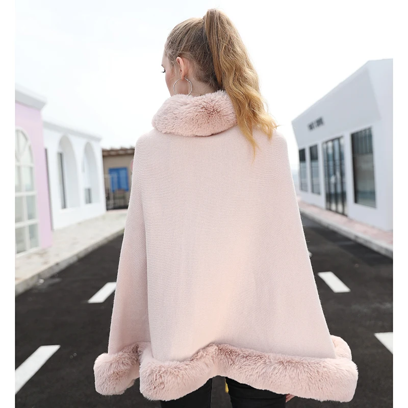 Pink Poncho Coat Cloak Women Elegant Knitted Cape With Faux