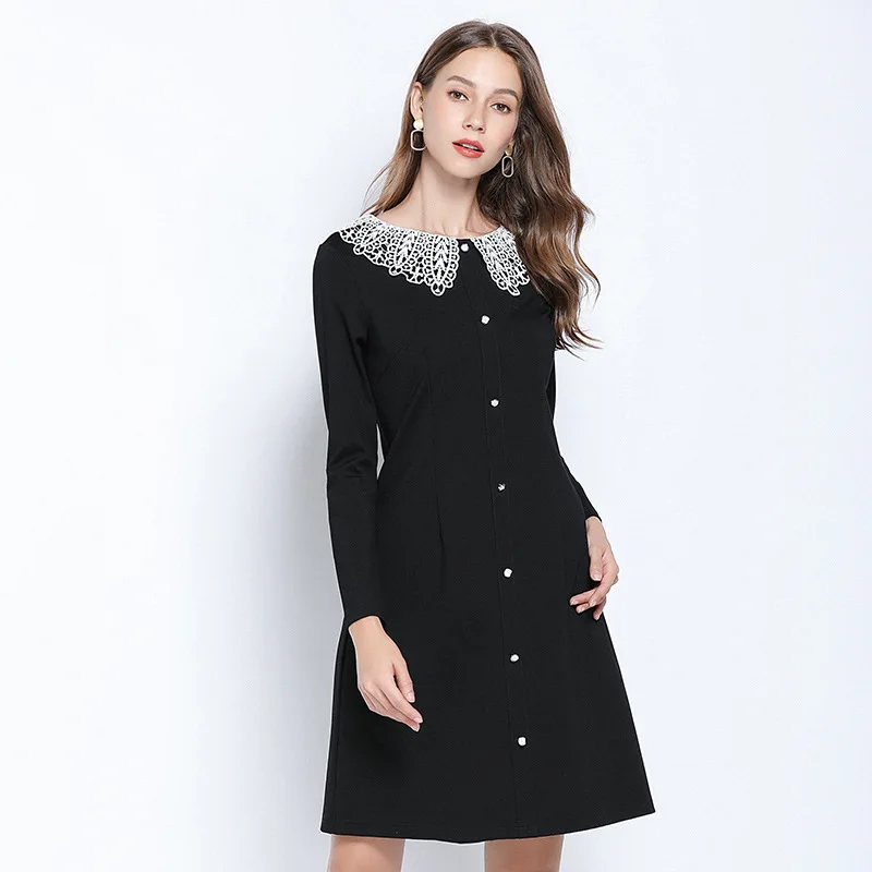 

Autumn Fashion Ladies plus size elegant beaded Dress crochet peter pan collar beautiful party dress long sleeves vestido XXXXXL