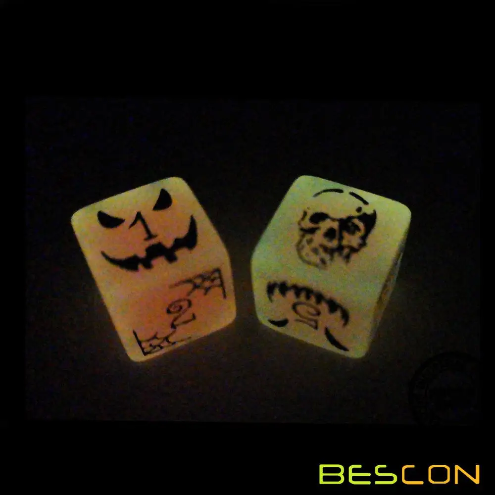 Set of 6 Bescon Luminous Halloween Dice 6 Sides, Glow in Dark 6 Sided Halloween Dice Set in Velvet Pouch 4