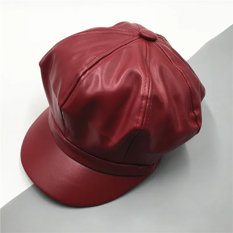 Wine Red Берет из искусственной кожи, зимние женские головные уборы для художника, кепка газетчика, берет в стиле винтаж, кепка s, Женская Повседневная винтажная шапка - Цвет: Wine Red