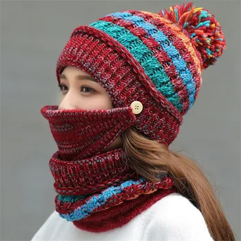 

Autumn and Winter New Plus Velvet Knit Hat Bib Mask Three-Piece Riding Face Thickening Wool Hat Glove Female