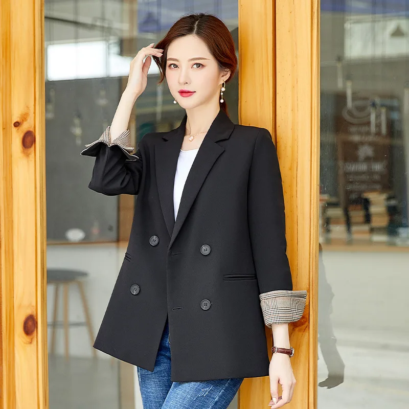 

2019 Autumn New Style Korean-style Black And White with Pattern Small Suit Coat Women's Cuff Revers Contrast Color One-Button Su