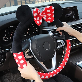 

Universal Car Steering Wheel Cover Set for Women Girls Cute Cartoon Steering Wheel Cover Plush Car Accessories Interior Woman