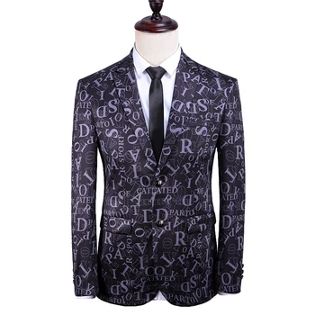 

Modern Style Letter Pattern Royal Blue Suits Wedding Groom Tuxedo Singer Costume Slim Fit Blazer Night Club Dress