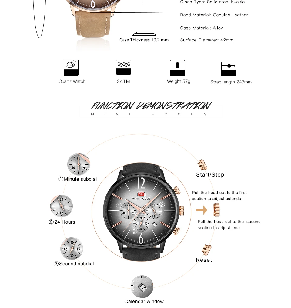 MINIFOCUS, новинка, модные мужские часы, кварцевые часы, мужские часы с кожаным ремешком, мужские часы, водонепроницаемые, топ, роскошный бренд, Relogio Masculino