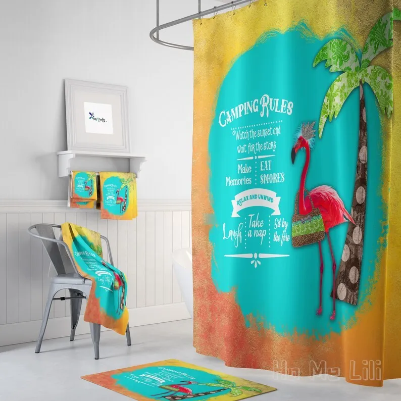 

Занавеска для душа с фламинго и закатом