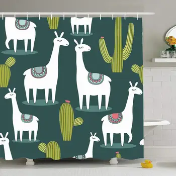 

Shower Curtain Set with Hooks 72x72 Lamas Cactus Hand Friendly Drawn Backdrop Guanaco Colorful Animals Childish Toy Wildlife