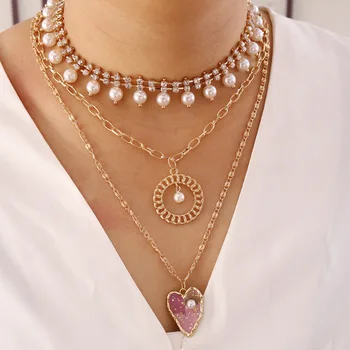 

KMVEXO Fashion Multi Layer Heart Round Pendant Necklace For Women Crystal Pearls Choker Necklaces 2020 New Design Jewelry Gift