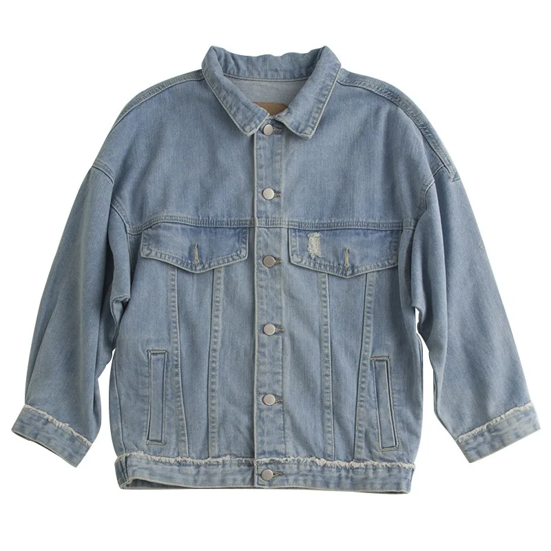 

19 Years Early Spring Practical Light Blue Loose-Fit with Holes Jeans Coat Women's Korean-style BF Denim Top Jacket