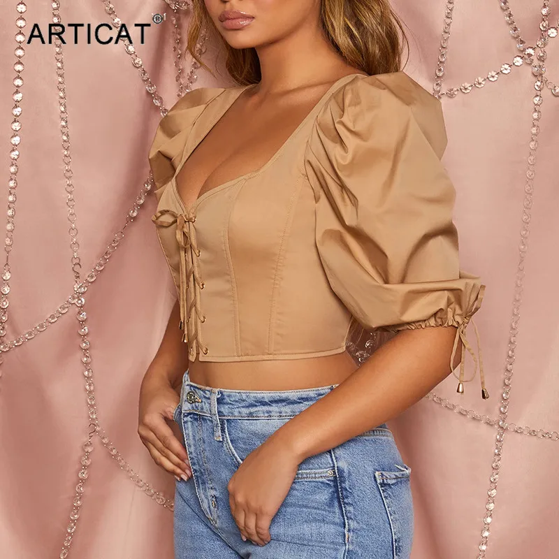 Articat, пышные рукава, на шнуровке, укороченные топы, женские, сексуальные, низкий воротник, открытая спина, молния, короткая рубашка, прозрачные топы, Женская Клубная одежда, наряды