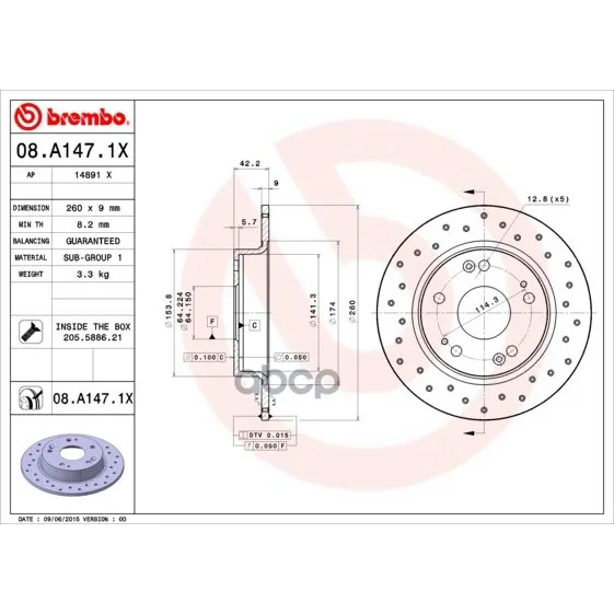 Диск Тормозной Задн, Honda: Civic Viii Hatchback 05-, Civic Viii Седан 05- Brembo арт. 08.A147.1X