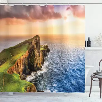 

Lighthouse Decor Collection, Colorful Ocean Coast Panoramic Neist Point Lighthouse Scotland United Kingdom Image, Polyester